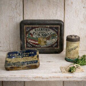 Antique Pharmacy Apothecary Tin Set Medical Advertising Lithography Containers